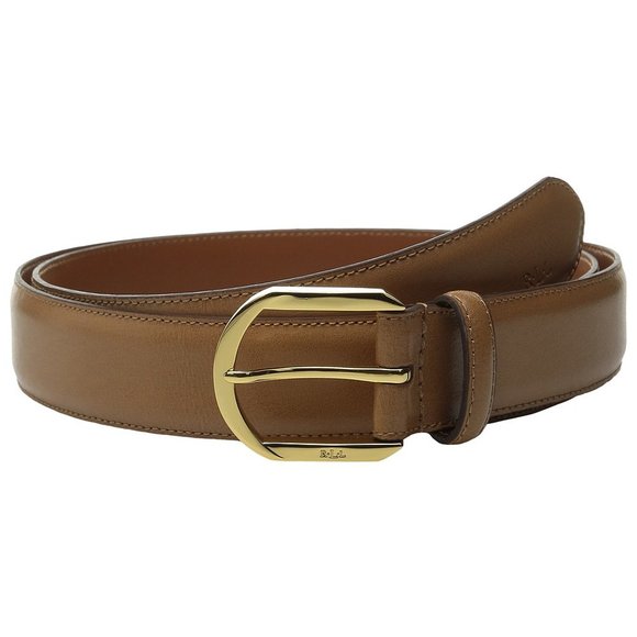 RALPH LAUREN Caramel Brown Faux Leather Gold Buckle Logo Belt XL - Picture 1 of 5